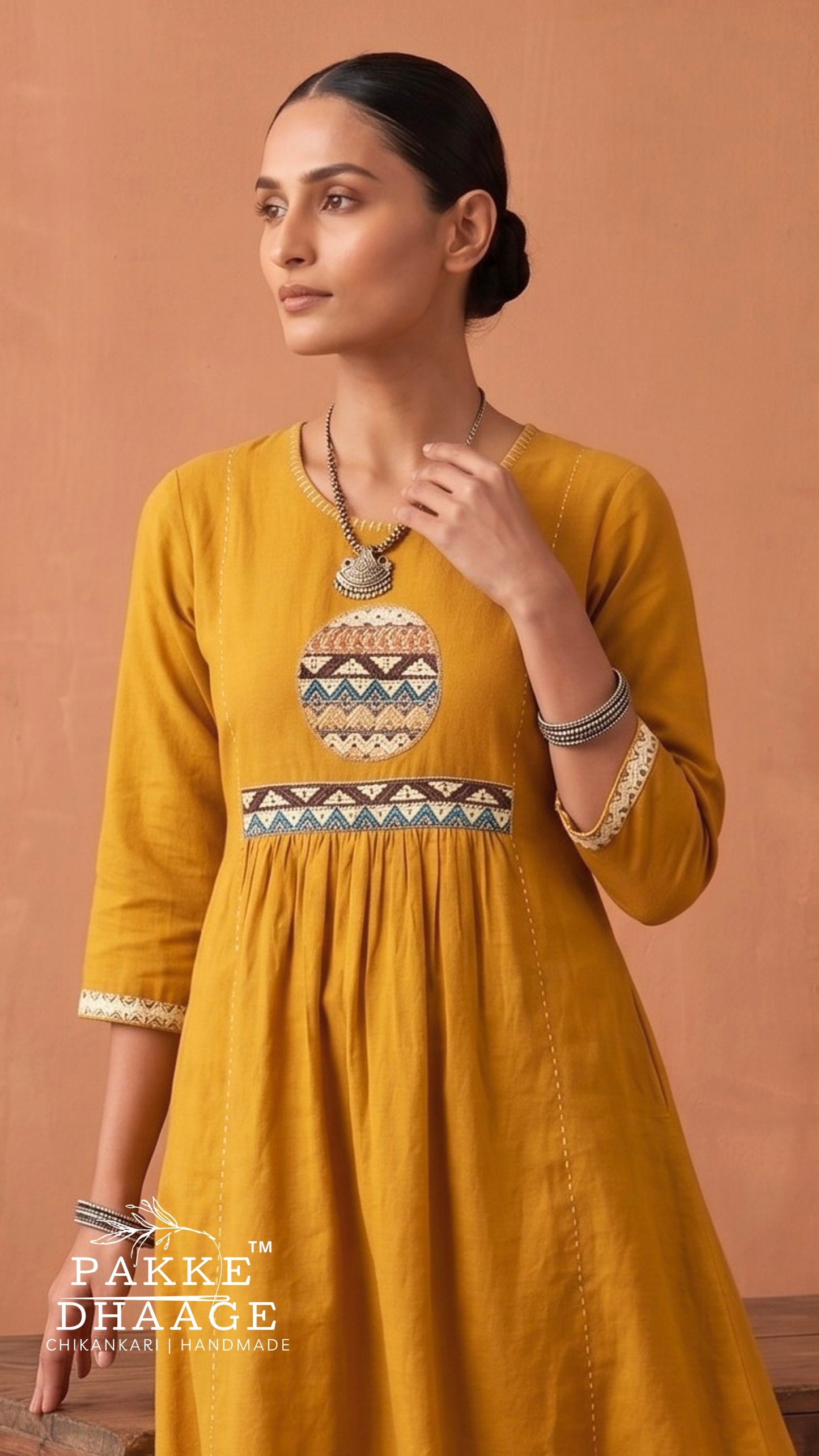 Tribal Medallion Gathered Cotton Kurta Mustard