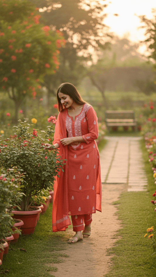 Kyra Pure Kota Doria Chikankari Kurta and Kurta Sets Rust Orange