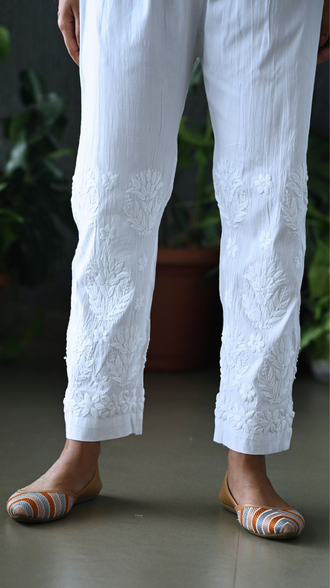 Hand-Embroidered Floral Boota Chikankari Cotton Pants