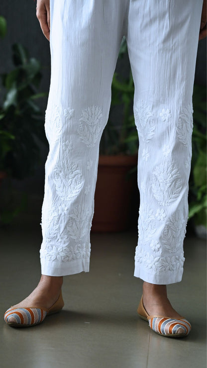 Hand-Embroidered Floral Boota Chikankari Cotton Pants