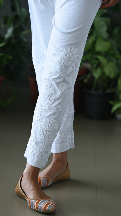 Hand-Embroidered Floral Boota Chikankari Cotton Pants