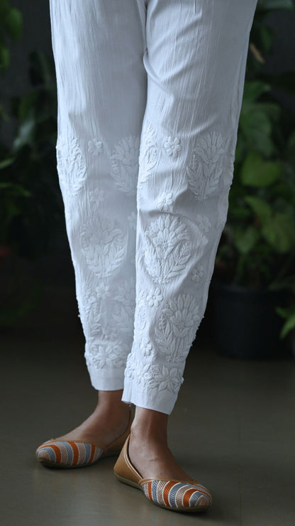 Hand-Embroidered Floral Boota Chikankari Cotton Pants