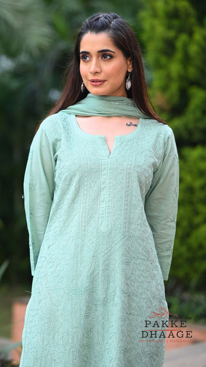 Inayat Resham Dhaaga Mulmul Kurta & Kurta Sets - Cool Green