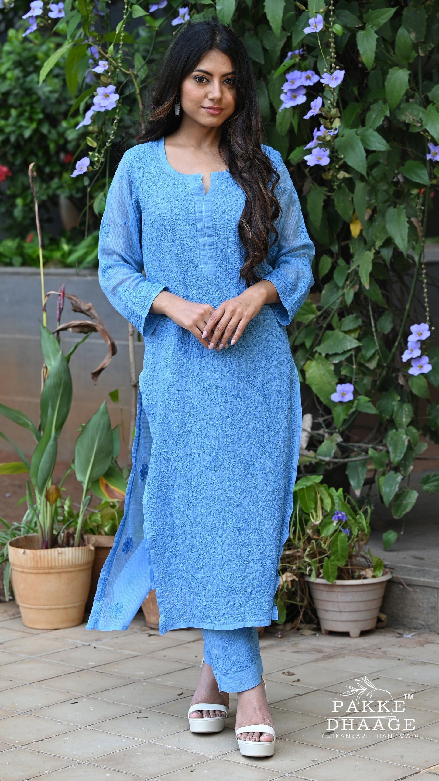 Nazia Pure Kota Doria Chikankari Kurta and Kurta Sets - French Blue