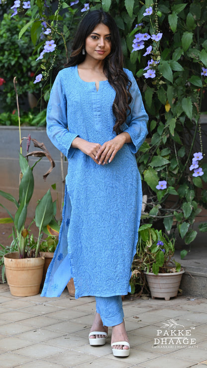 Nazia Pure Kota Doria Chikankari Kurta and Kurta Sets - French Blue
