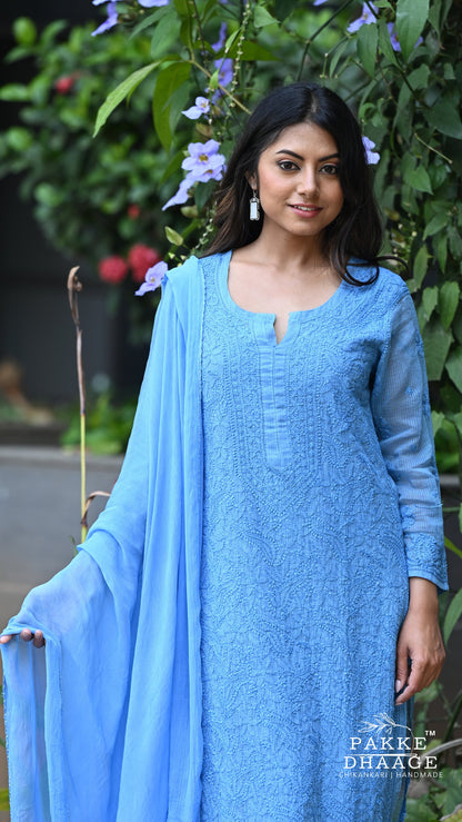 Nazia Pure Kota Doria Chikankari Kurta and Kurta Sets - French Blue