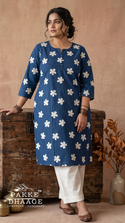 Indigo Blue Floral Print Cotton Straight Kurta (Plus Size)