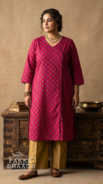 Magenta Floral Angrakha Style Cotton Straight Kurta (Plus Size)