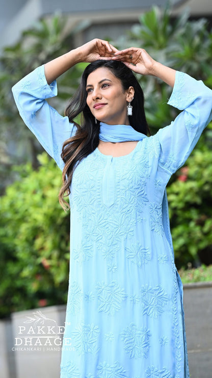 Aayat Pure Viscose Chikankari Sets with 3D Work - Alpine Mist
