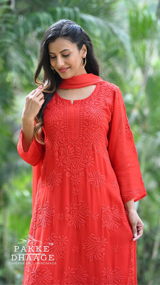 Aayat Pure Viscose Chikankari Sets with 3D Work - Cayenne Red