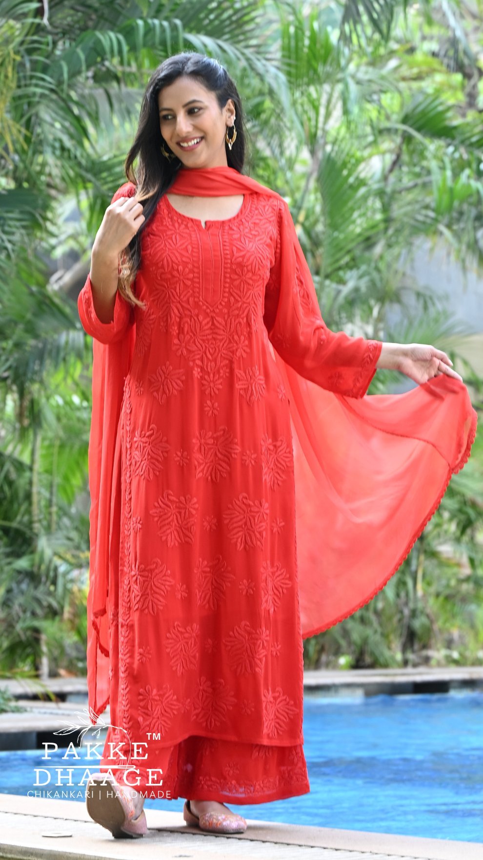 Aayat Pure Viscose Chikankari Sets with 3D Work - Cayenne Red