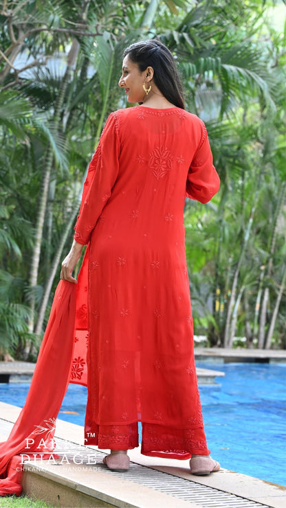Aayat Pure Viscose Chikankari Sets with 3D Work - Cayenne Red