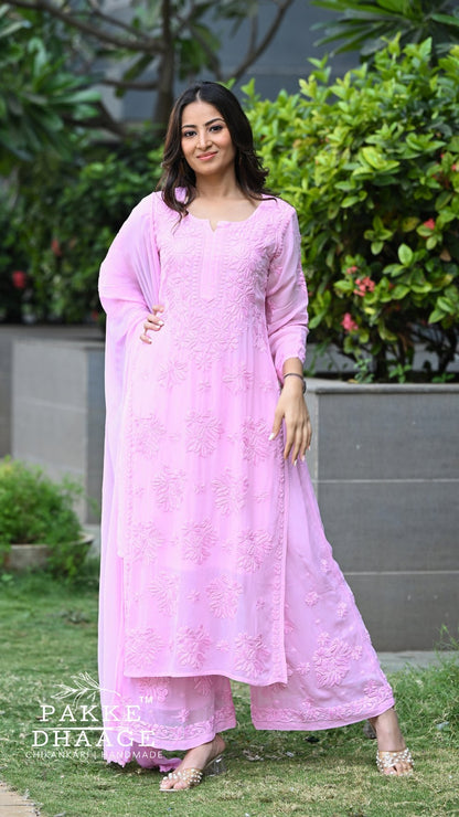 Aayat Pure Viscose Chikankari Sets with 3D Work - Macaron Pink