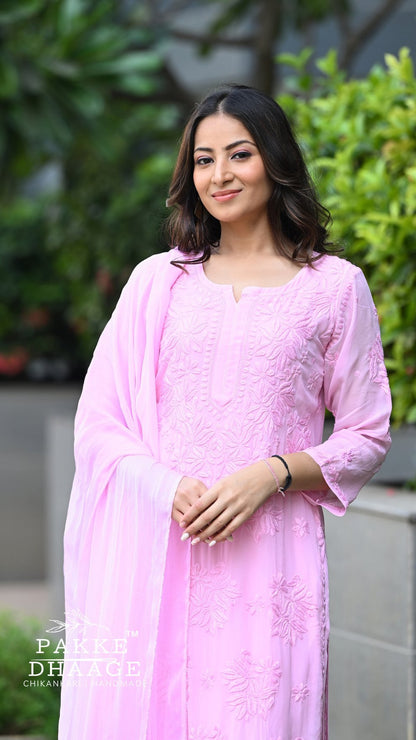 Aayat Pure Viscose Chikankari Sets with 3D Work - Macaron Pink