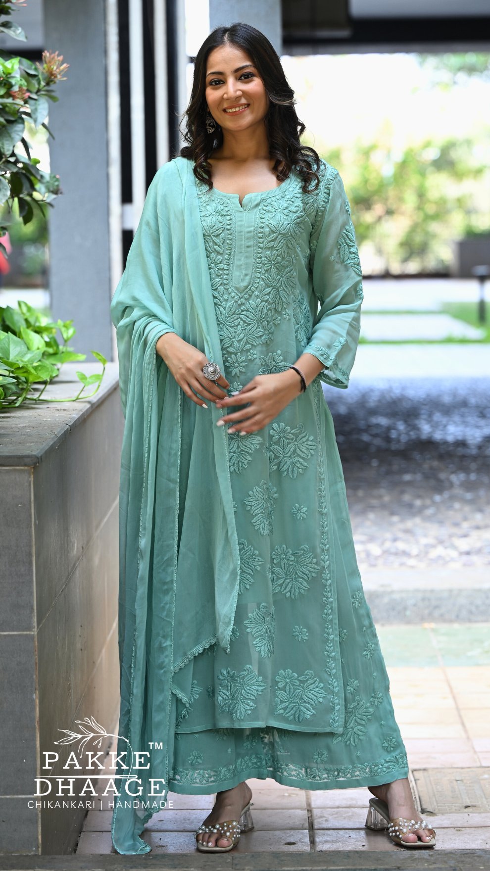 Aayat Pure Viscose Chikankari Sets with 3D Work - Neo Mint