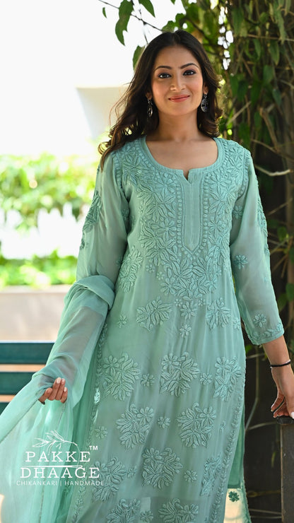 Aayat Pure Viscose Chikankari Sets with 3D Work - Neo Mint