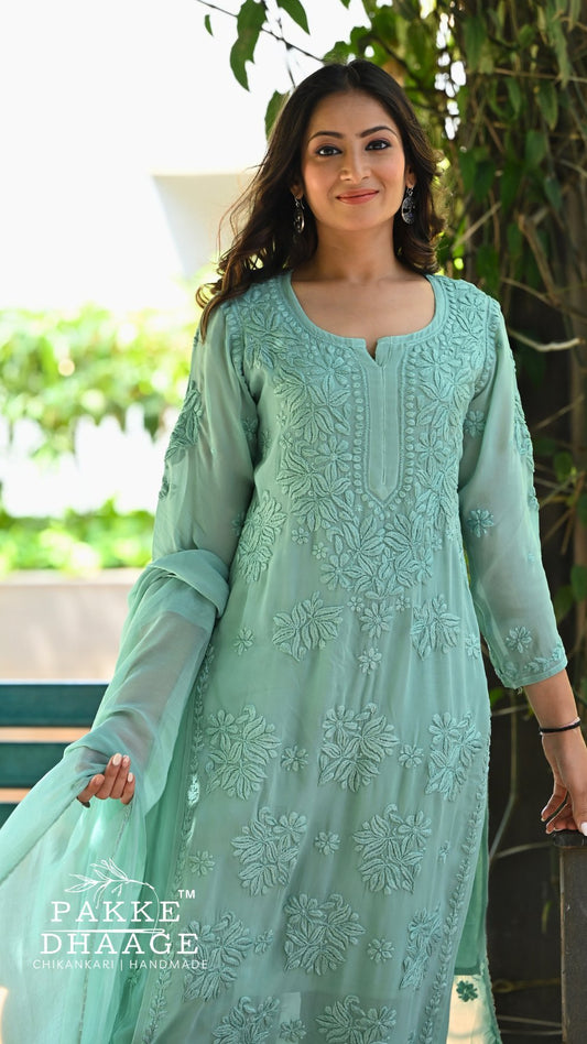 Aayat Pure Viscose Chikankari Sets with 3D Work - Neo Mint
