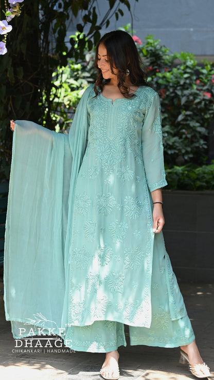 Aayat Pure Viscose Chikankari Sets with 3D Work - Neo Mint