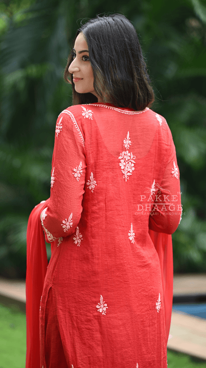Aleena Pure Kota Doria Chikankari Kurta and Kurta Sets - Crimson Red