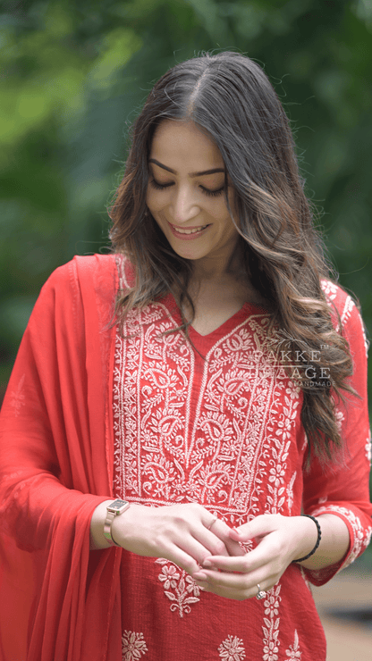 Aleena Pure Kota Doria Chikankari Kurta and Kurta Sets - Crimson Red