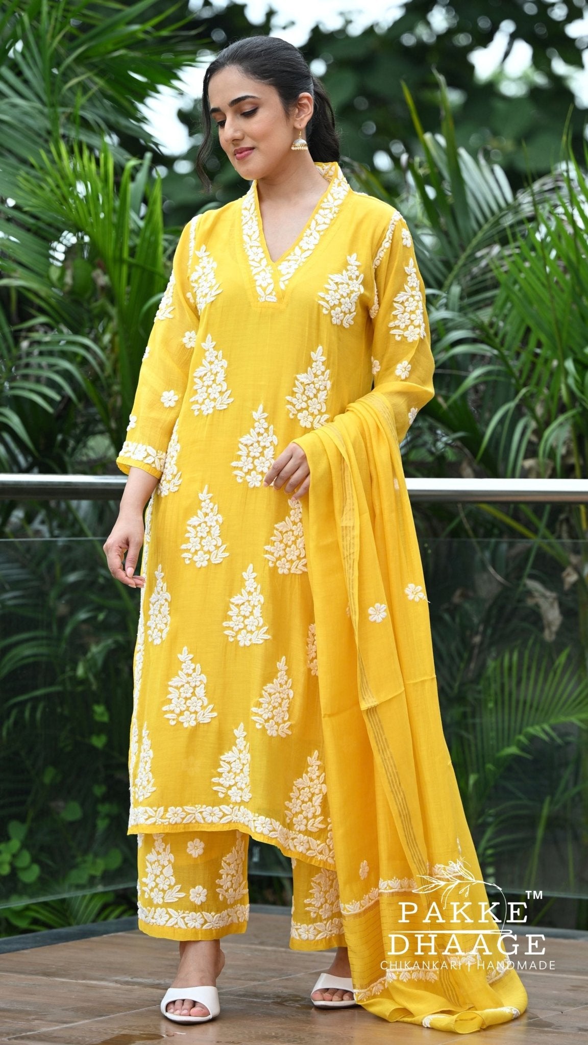 Alizeh Pure Chanderi 4-pc Chikankari Sets - Haldi Yellow