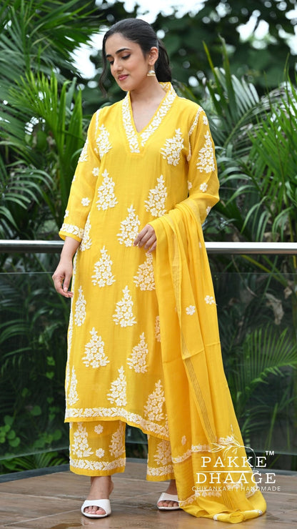 Alizeh Pure Chanderi 4-pc Chikankari Sets - Haldi Yellow
