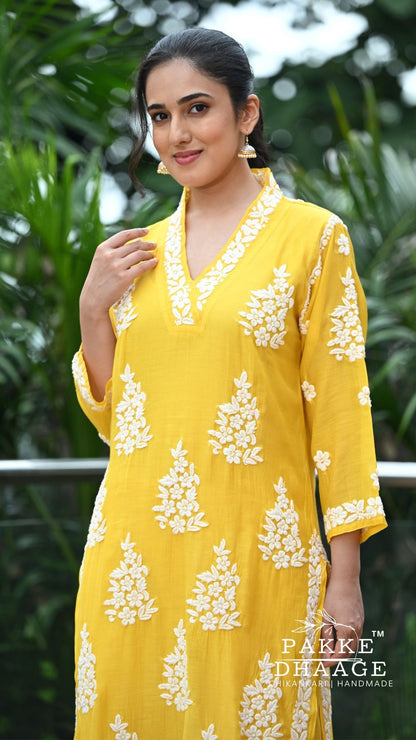 Alizeh Pure Chanderi 4-pc Chikankari Sets - Haldi Yellow