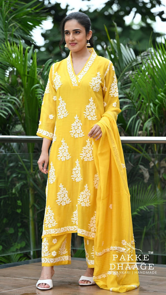 Alizeh Pure Chanderi 4-pc Chikankari Sets - Haldi Yellow