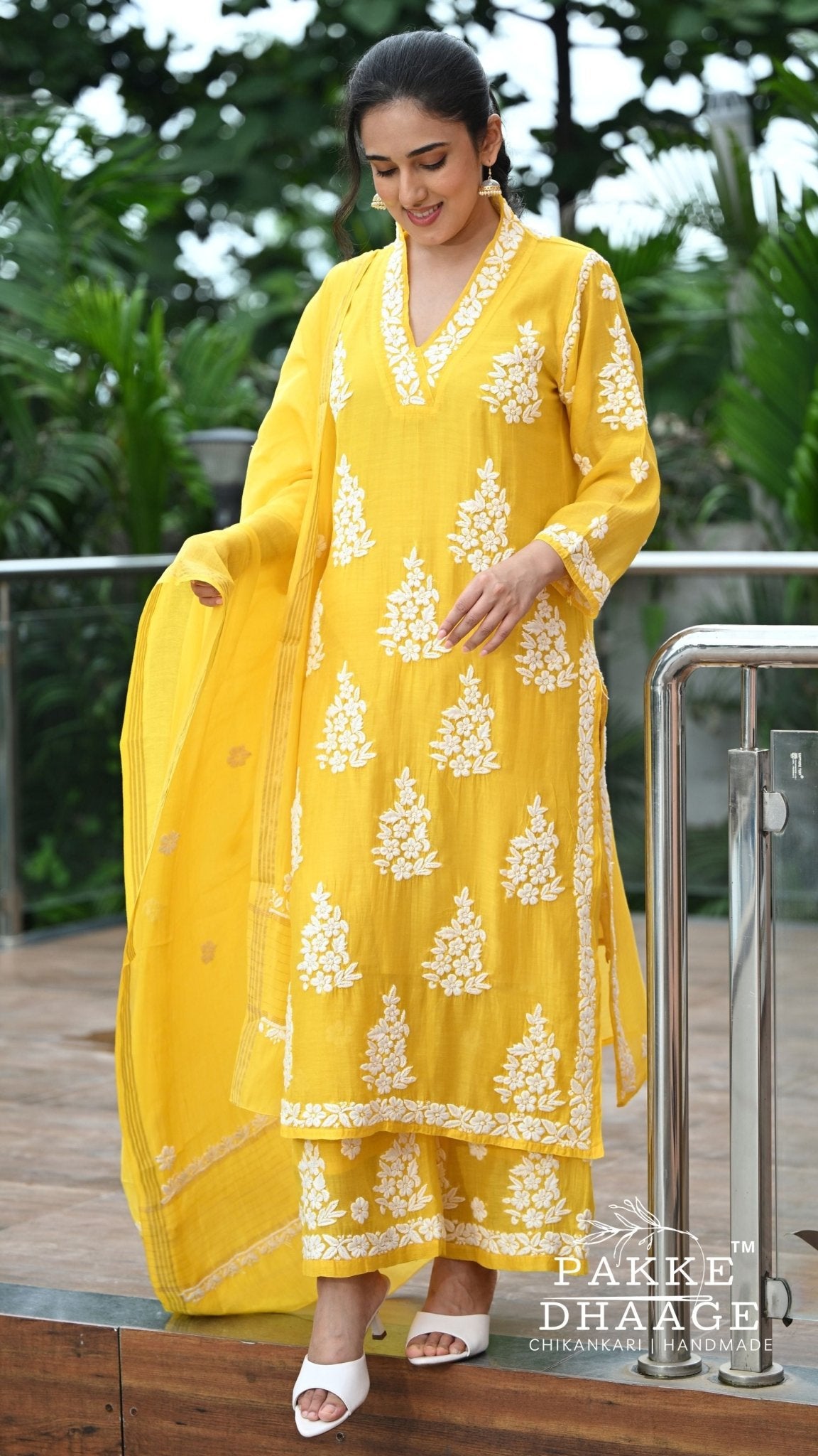 Alizeh Pure Chanderi 4-pc Chikankari Sets - Haldi Yellow