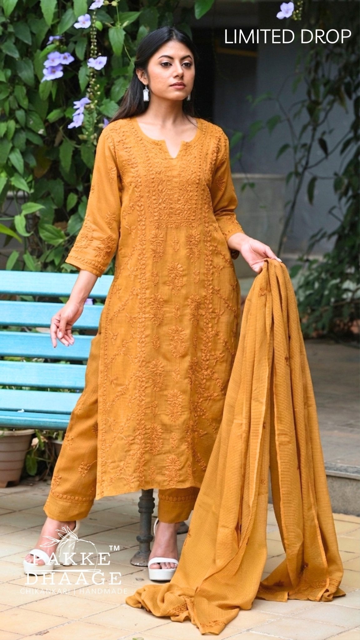Amara Pure Kota Doria Chikankari Kurta & Kurta Sets - Honey Gold
