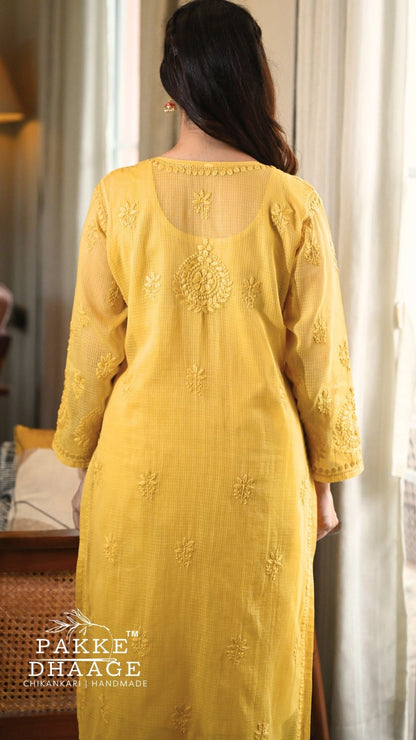 Amara Pure Kota Doria Chikankari Kurta & Kurta Sets - Sunbeam Yellow