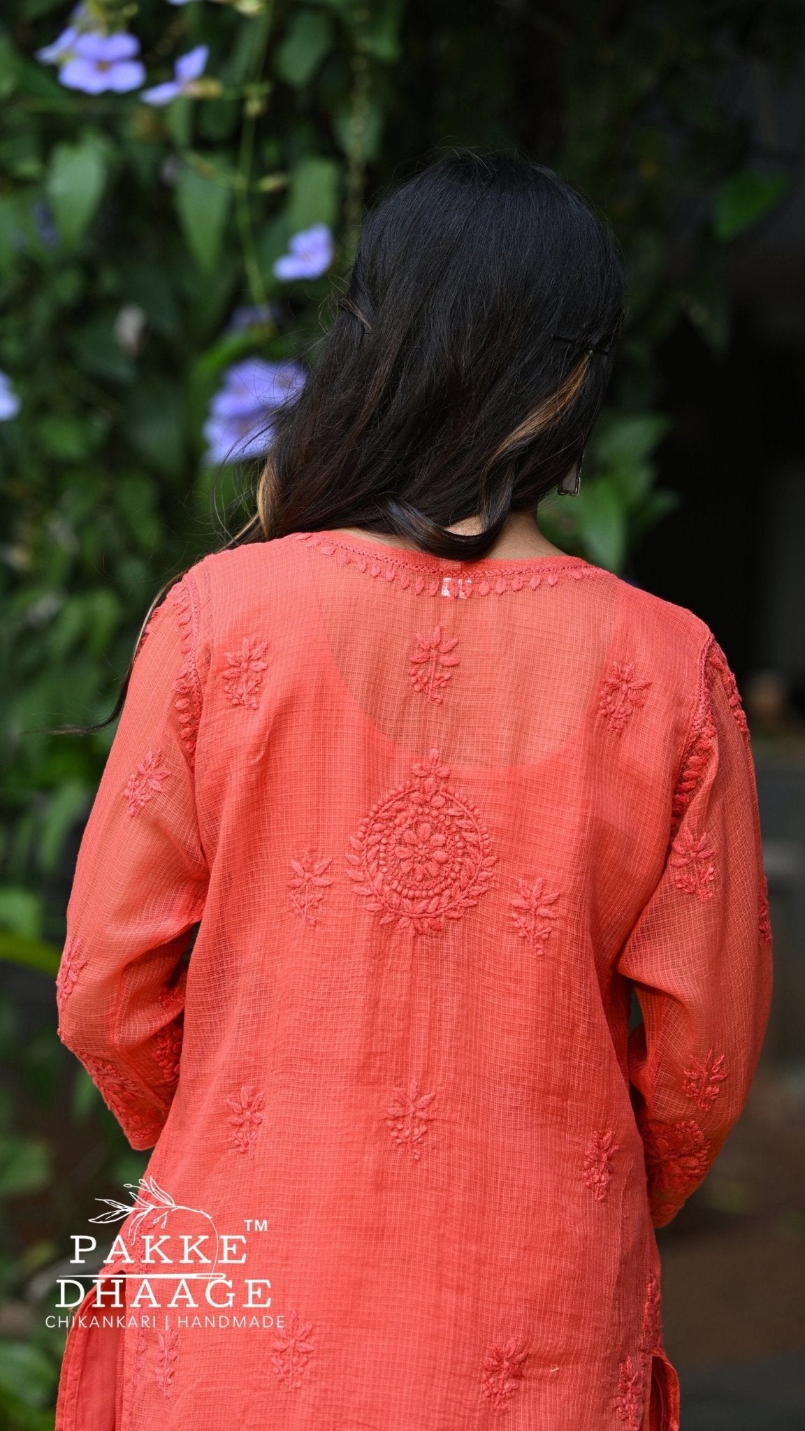 Amara Pure Kota Doria Chikankari Kurta & Kurta Sets - Sunset Orange