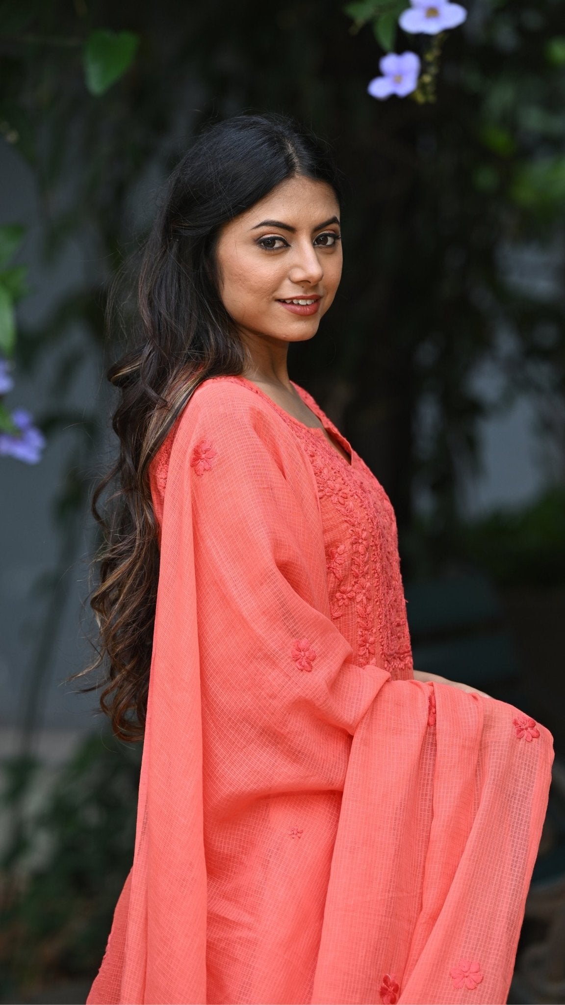 Amara Pure Kota Doria Chikankari Kurta & Kurta Sets - Sunset Orange