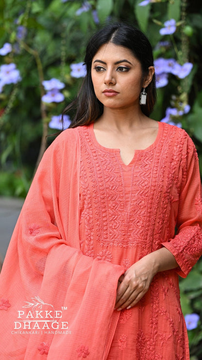Amara Pure Kota Doria Chikankari Kurta & Kurta Sets - Sunset Orange