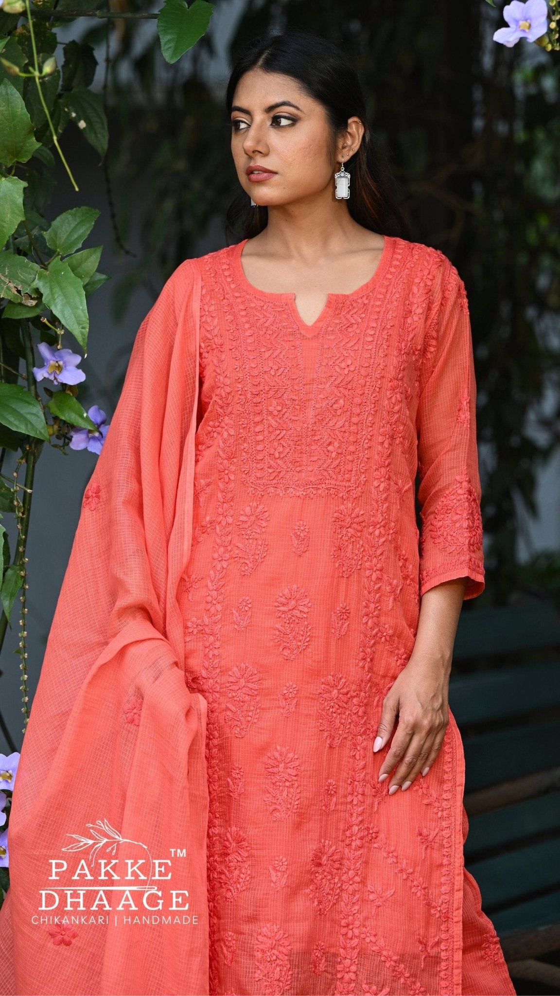 Amara Pure Kota Doria Chikankari Kurta & Kurta Sets - Sunset Orange