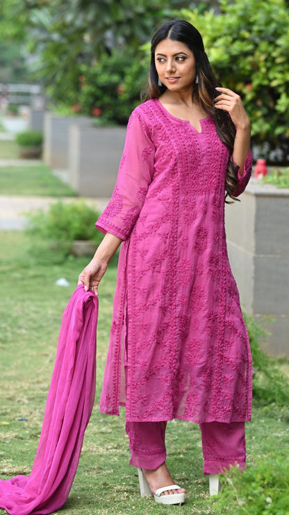 Amara Pure Kota Doria Chikankari Kurta & Kurta Sets - Dragonfruit Pink
