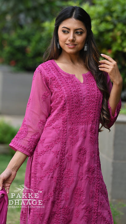 Amara Pure Kota Doria Chikankari Kurta & Kurta Sets - Dragonfruit Pink