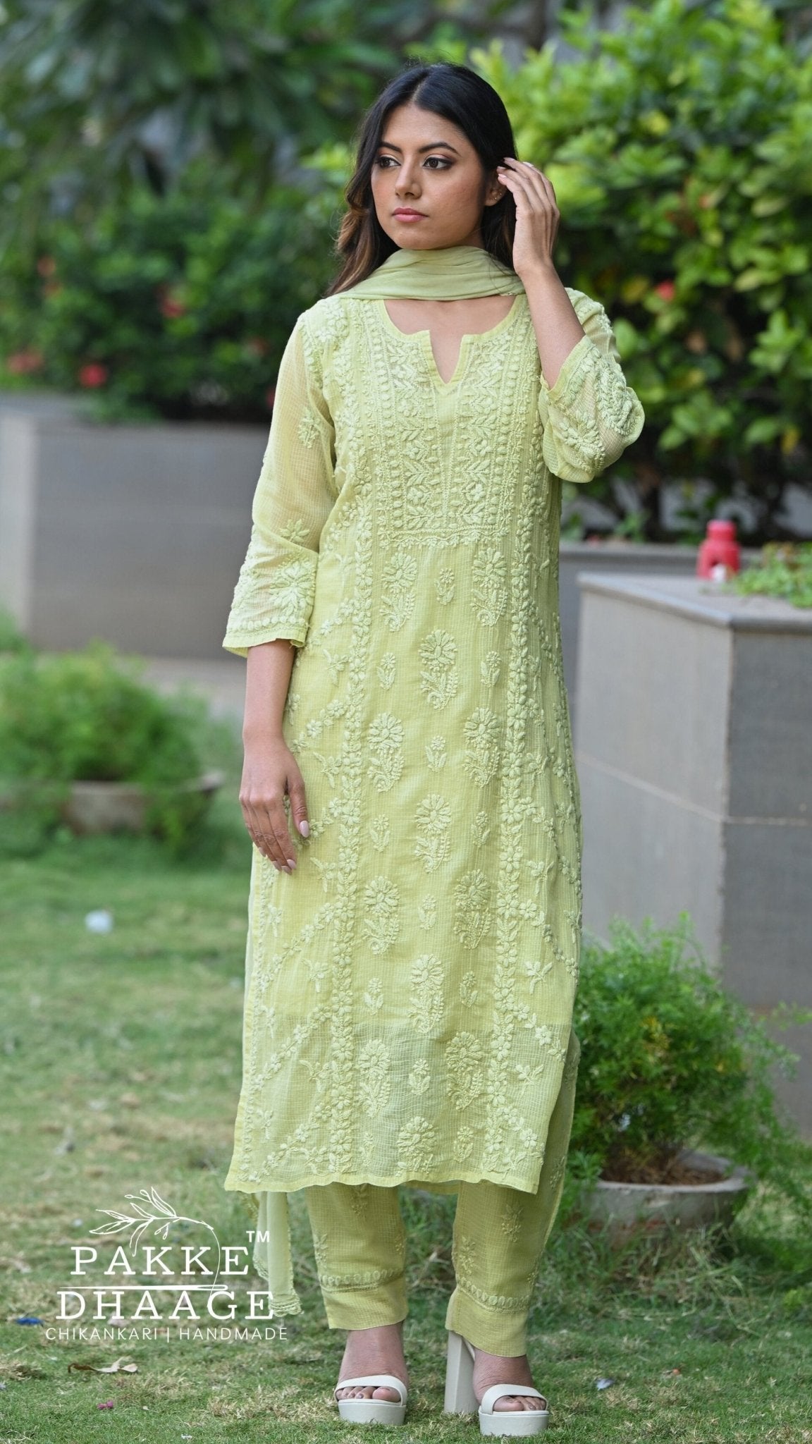 Amara Pure Kota Doria Chikankari Kurta & Kurta Sets - Pistachio Green
