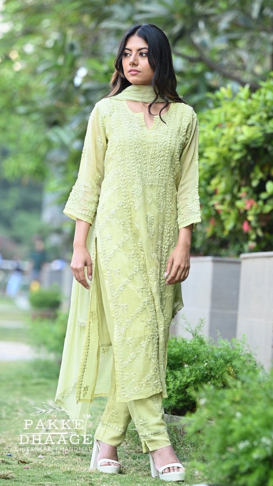 Amara Pure Kota Doria Chikankari Kurta & Kurta Sets - Pistachio Green