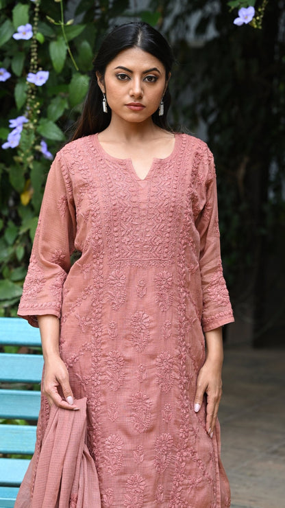 Amara Pure Kota Doria Chikankari Kurta & Kurta Sets - Rosewood Brown