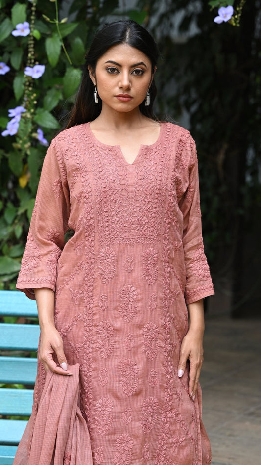 Amara Pure Kota Doria Chikankari Kurta & Kurta Sets - Rosewood Brown