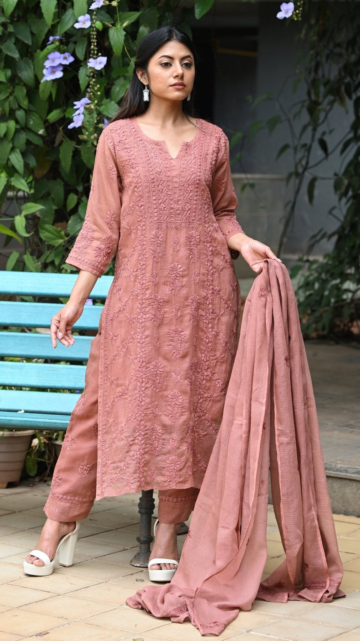 Amara Pure Kota Doria Chikankari Kurta & Kurta Sets - Rosewood Brown
