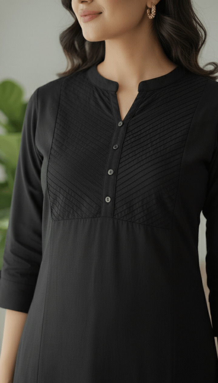 Woman wearing a black kurti with a textured neckline against a neutral background