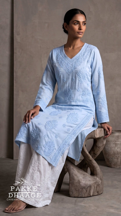 Anika Flex Cotton Chikankari Kurta - Powder Blue