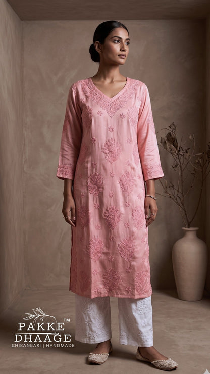 Anika Flex Cotton Chikankari Kurta - Sandstone Peach