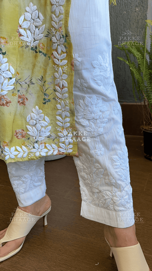 White hand embroidered Chikankari Pants
