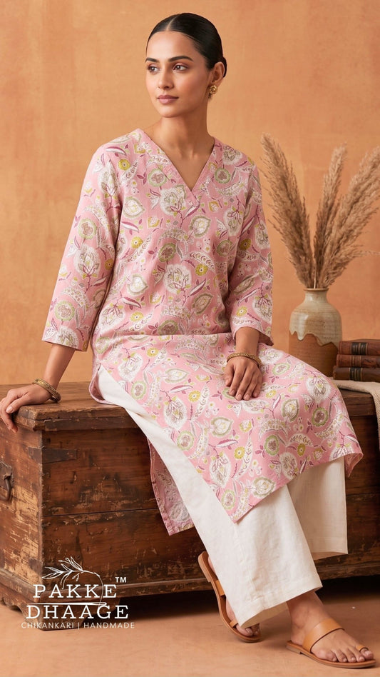 Model wearing Pakke Dhaage dusty pink floral paisley printed V-neck cotton kurta with white straight pants.