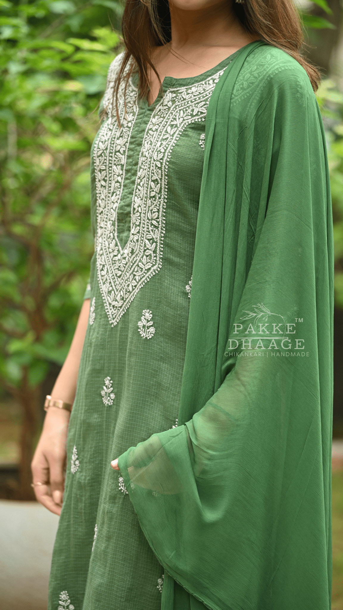 Kyra Pure Kota Doria Chikankari Kurta and Kurta Sets Forest Green