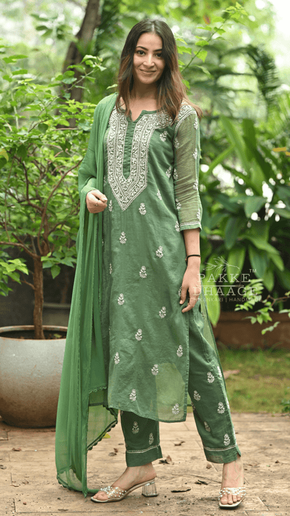 Kyra Pure Kota Doria Chikankari Kurta and Kurta Sets Forest Green