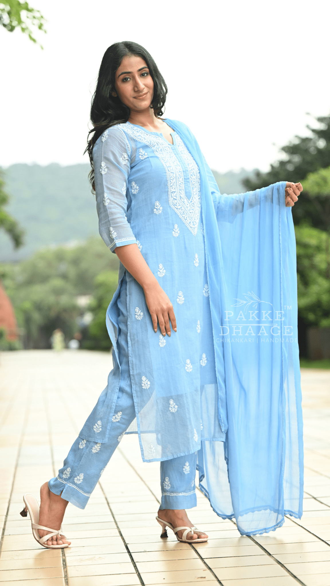 Kyra Pure Kota Doria Chikankari Kurta and Kurta Sets Powder Blue
